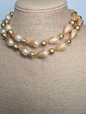 Vintage Gold-Tone and Caged White Pearl Double Strand Statement Necklace